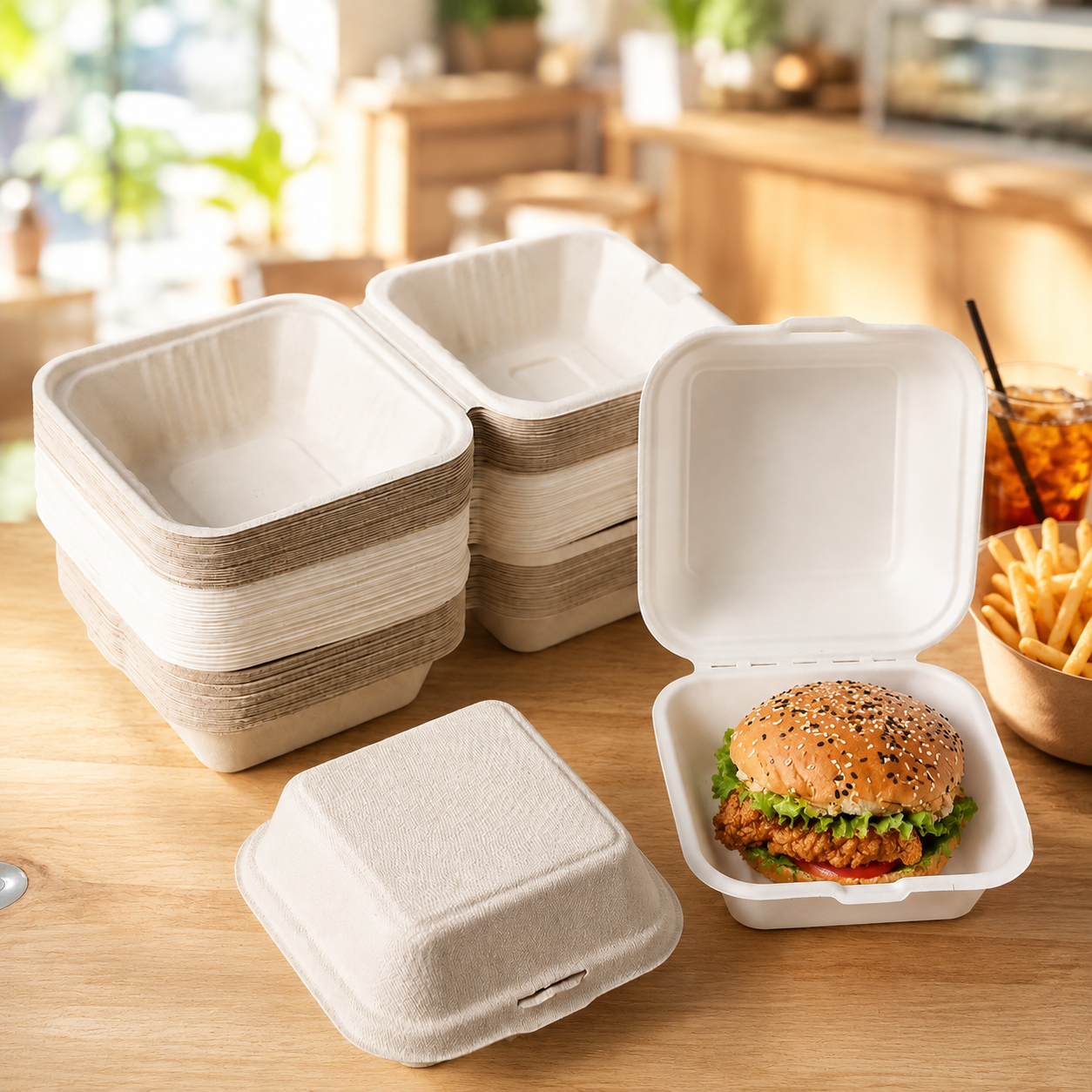 Sugarcane bagasse burger boxes