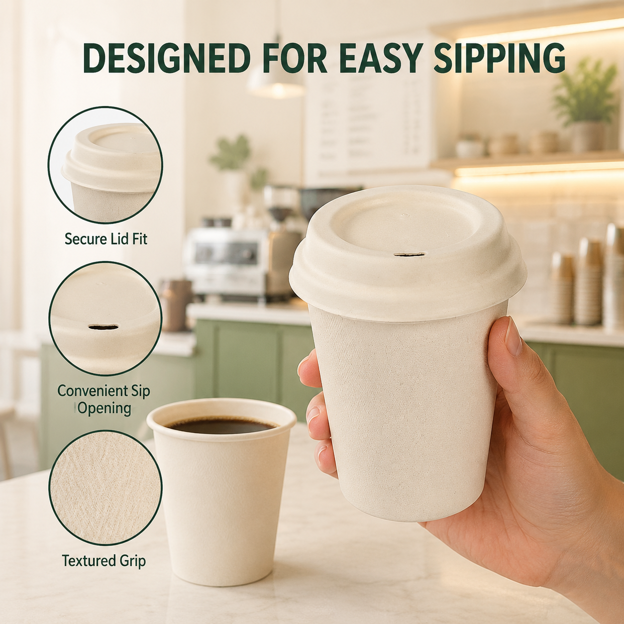 Coffee cup secure lid and sip opening