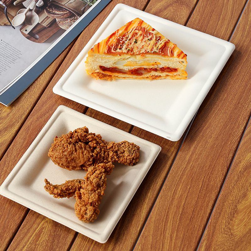 Real sugarcane bagasse square plates with food in multiple sizes