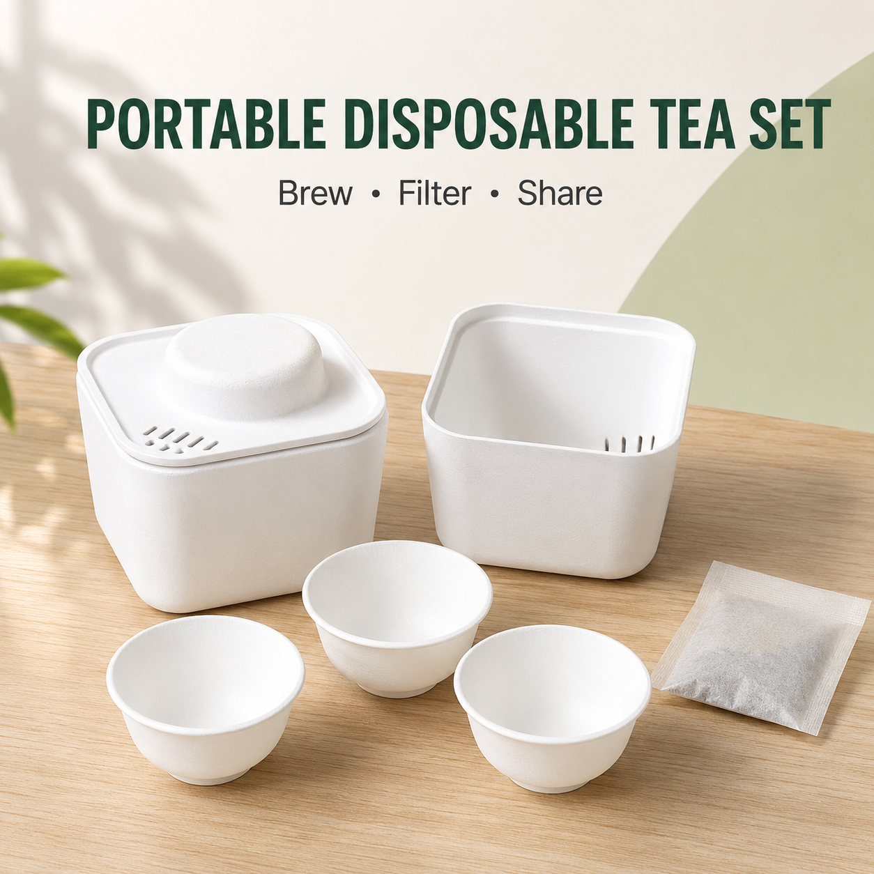 Portable disposable sugarcane pulp tea set